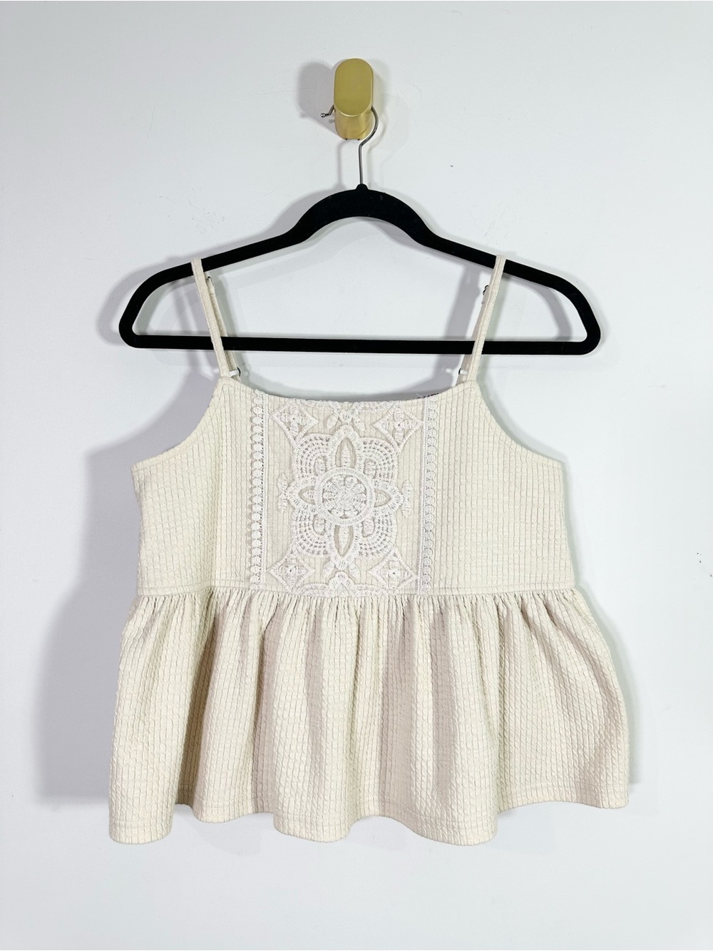 Reath & Wren Anthropologie Ivory Spaghetti Strap Peplum Lace Ribbed Tank Top